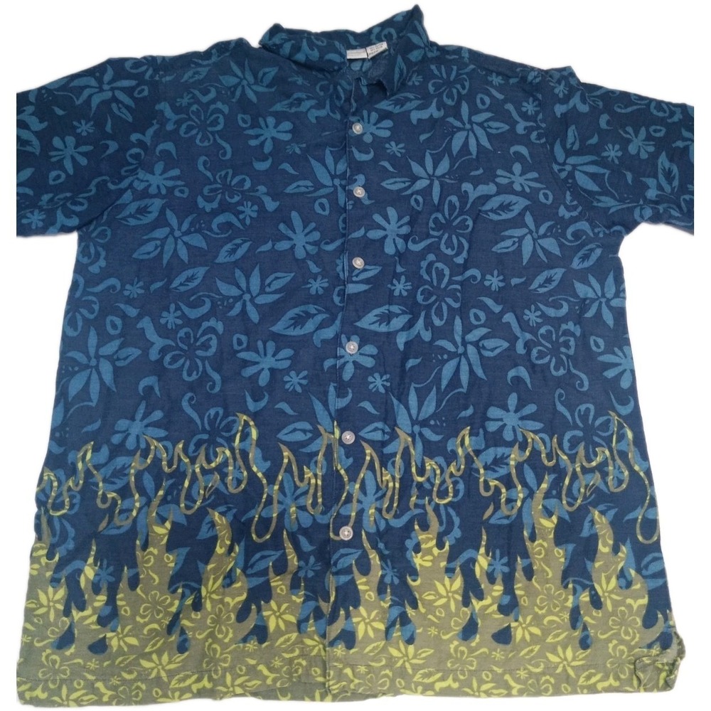 VTG Utility Men's Single Stitch Blue Gold Floral Flame Button Down Shirt L 1990s